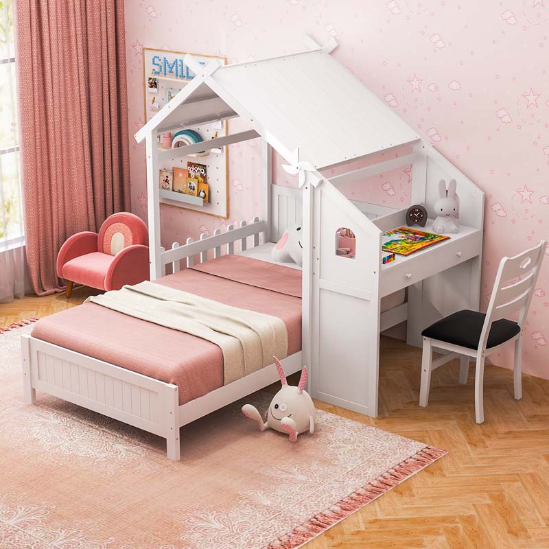 Kids Teens Twin House Bed with Desk & Chair, Wood Kids Playhouse Bed with 2 Drawers, Windmill, Fence & Headboard