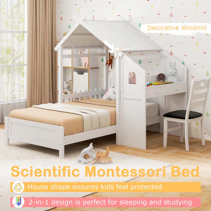 Kids Teens Twin House Bed with Desk & Chair, Wood Kids Playhouse Bed with 2 Drawers, Windmill, Fence & Headboard