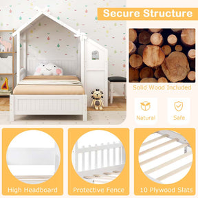 Kids Teens Twin House Bed with Desk & Chair, Wood Kids Playhouse Bed with 2 Drawers, Windmill, Fence & Headboard