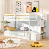 Twin Over Twin Bunk Bed with Storage Stairs, Solid Wood Floor Bunk Bed with Full-Length Guardrails, Low Bunk Bed with for Kids Teens Adults