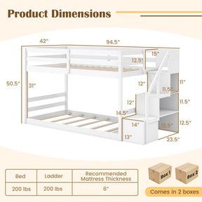 Twin Over Twin Bunk Bed with Storage Stairs, Solid Wood Floor Bunk Bed with Full-Length Guardrails, Low Bunk Bed with for Kids Teens Adults