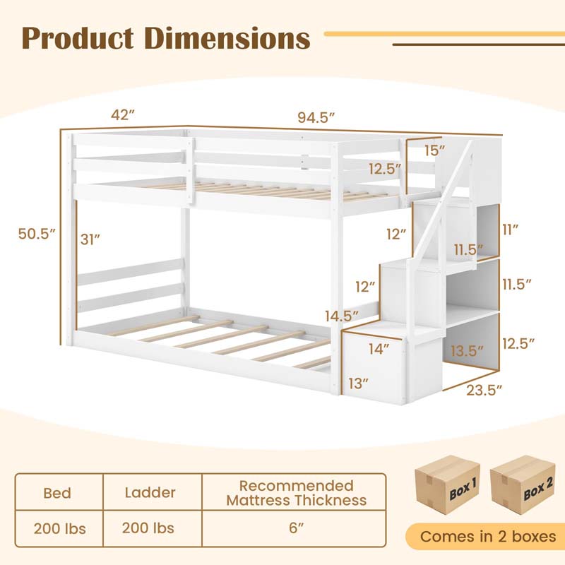 Twin Over Twin Bunk Bed with Storage Stairs, Solid Wood Floor Bunk Bed with Full-Length Guardrails, Low Bunk Bed with for Kids Teens Adults