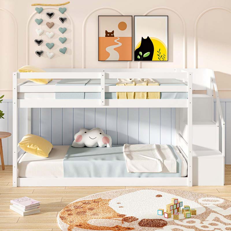 Twin Over Twin Bunk Bed with Storage Stairs, Solid Wood Floor Bunk Bed with Full-Length Guardrails, Low Bunk Bed with for Kids Teens Adults