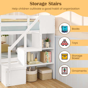 Twin Over Twin Bunk Bed with Storage Stairs, Solid Wood Floor Bunk Bed with Full-Length Guardrails, Low Bunk Bed with for Kids Teens Adults