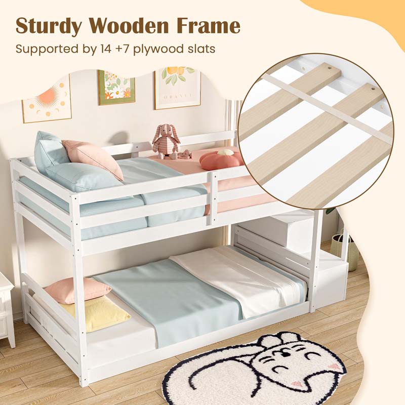 Twin Over Twin Bunk Bed with Storage Stairs, Solid Wood Floor Bunk Bed with Full-Length Guardrails, Low Bunk Bed with for Kids Teens Adults