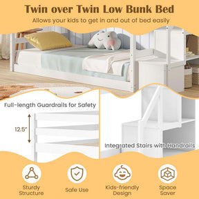 Twin Over Twin Bunk Bed with Storage Stairs, Solid Wood Floor Bunk Bed with Full-Length Guardrails, Low Bunk Bed with for Kids Teens Adults