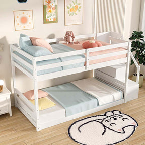 Twin Over Twin Bunk Bed with Storage Stairs, Solid Wood Floor Bunk Bed with Full-Length Guardrails, Low Bunk Bed with for Kids Teens Adults