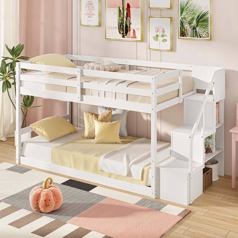 Twin Over Twin Bunk Bed with Storage Stairs, Solid Wood Floor Bunk Bed with Full-Length Guardrails, Low Bunk Bed with for Kids Teens Adults