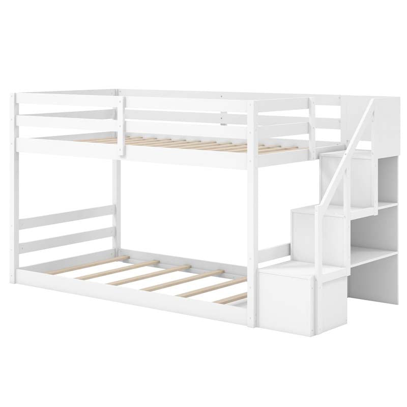 Twin Over Twin Bunk Bed with Storage Stairs, Solid Wood Floor Bunk Bed with Full-Length Guardrails, Low Bunk Bed with for Kids Teens Adults