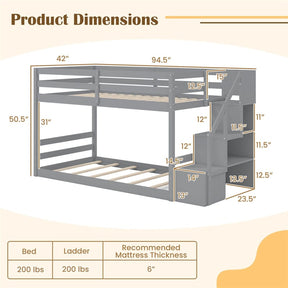 Twin Over Twin Bunk Bed with Storage Stairs, Solid Wood Floor Bunk Bed with Full-Length Guardrails, Low Bunk Bed with for Kids Teens Adults