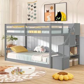 Twin Over Twin Bunk Bed with Storage Stairs, Solid Wood Floor Bunk Bed with Full-Length Guardrails, Low Bunk Bed with for Kids Teens Adults
