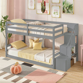 Twin Over Twin Bunk Bed with Storage Stairs, Solid Wood Floor Bunk Bed with Full-Length Guardrails, Low Bunk Bed with for Kids Teens Adults
