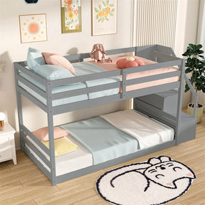 Twin Over Twin Bunk Bed with Storage Stairs, Solid Wood Floor Bunk Bed with Full-Length Guardrails, Low Bunk Bed with for Kids Teens Adults