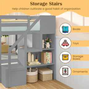 Twin Over Twin Bunk Bed with Storage Stairs, Solid Wood Floor Bunk Bed with Full-Length Guardrails, Low Bunk Bed with for Kids Teens Adults