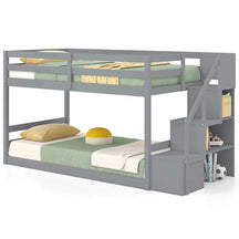 Twin Over Twin Bunk Bed with Storage Stairs, Solid Wood Floor Bunk Bed with Full-Length Guardrails, Low Bunk Bed with for Kids Teens Adults