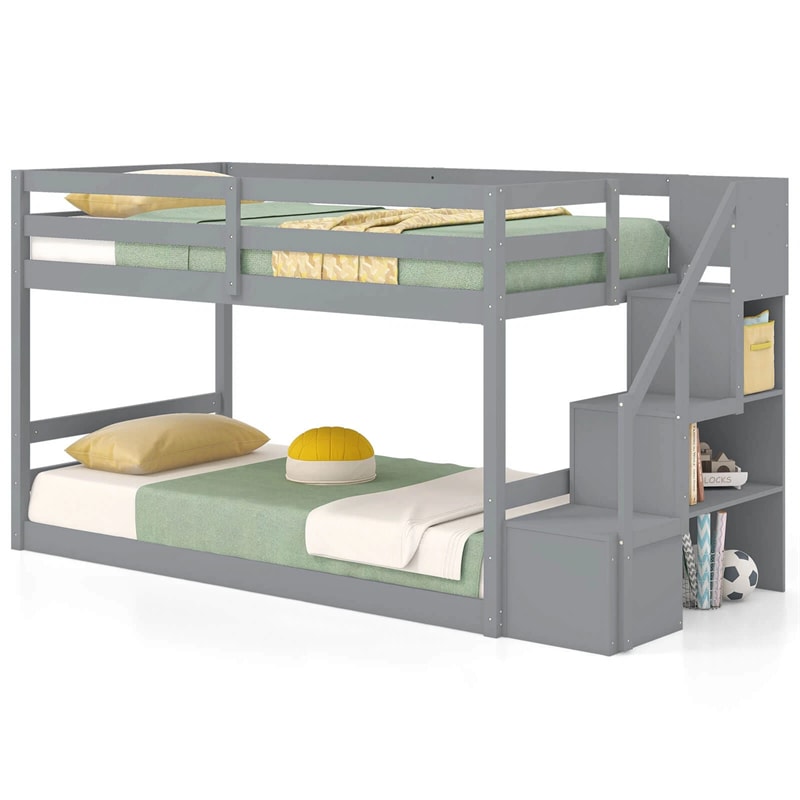 Twin Over Twin Bunk Bed with Storage Stairs, Solid Wood Floor Bunk Bed with Full-Length Guardrails, Low Bunk Bed with for Kids Teens Adults