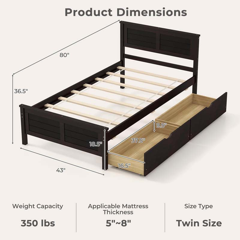 Twin/Full Size Solid Wood Platform Bed Frame with 2 Storage Drawers & Headboard, Wooden Slats Support Mattress Foundation