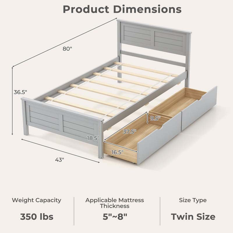 Twin/Full Size Solid Wood Platform Bed Frame with 2 Storage Drawers & Headboard, Wooden Slats Support Mattress Foundation