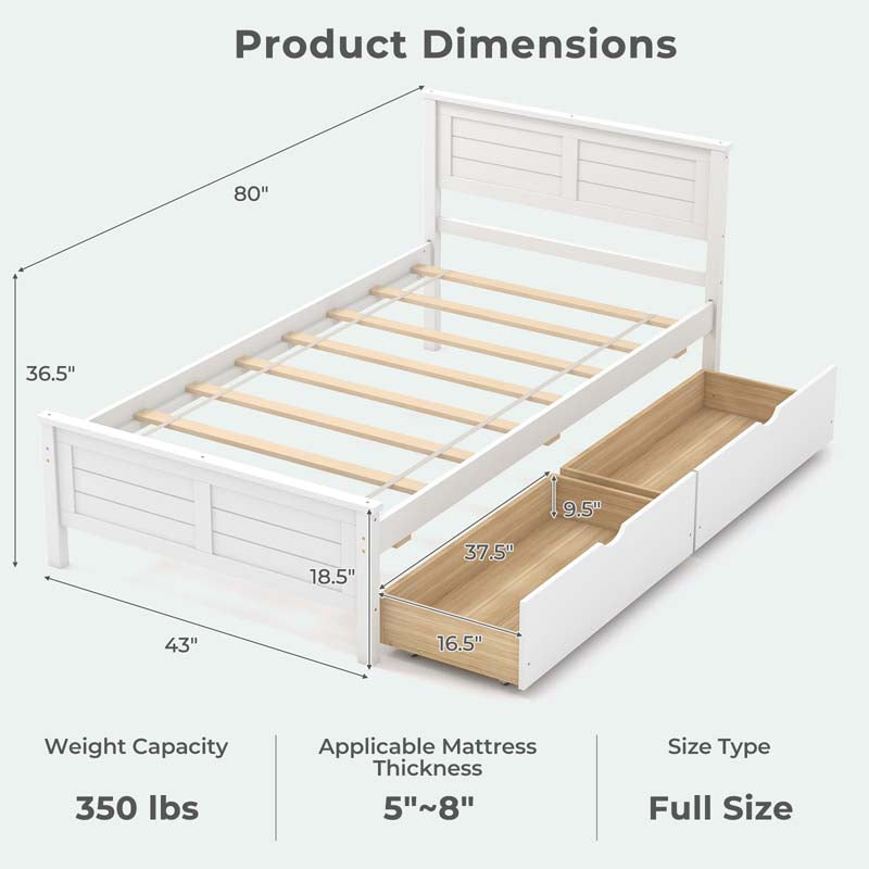 Twin/Full Size Solid Wood Platform Bed Frame with 2 Storage Drawers & Headboard, Wooden Slats Support Mattress Foundation