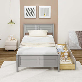 Twin/Full Size Solid Wood Platform Bed Frame with 2 Storage Drawers & Headboard, Wooden Slats Support Mattress Foundation