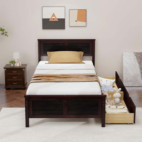 Twin/Full Size Solid Wood Platform Bed Frame with 2 Storage Drawers & Headboard, Wooden Slats Support Mattress Foundation