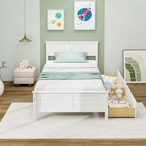 Twin/Full Size Solid Wood Platform Bed Frame with 2 Storage Drawers & Headboard, Wooden Slats Support Mattress Foundation