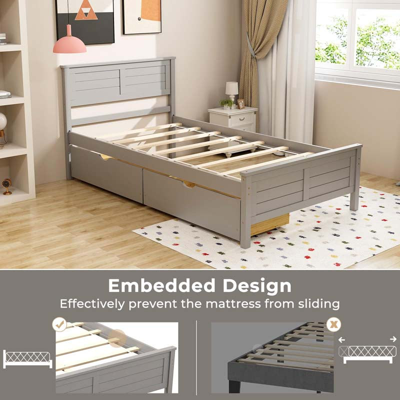 Twin/Full Size Solid Wood Platform Bed Frame with 2 Storage Drawers & Headboard, Wooden Slats Support Mattress Foundation