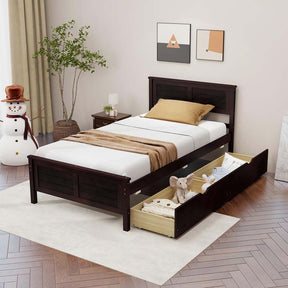 Twin/Full Size Solid Wood Platform Bed Frame with 2 Storage Drawers & Headboard, Wooden Slats Support Mattress Foundation