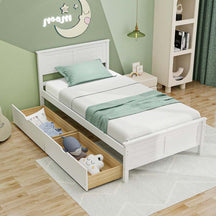 Twin/Full Size Solid Wood Platform Bed Frame with 2 Storage Drawers & Headboard, Wooden Slats Support Mattress Foundation