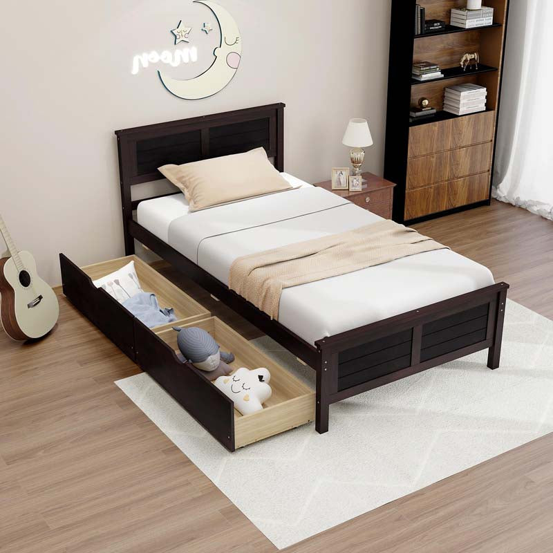 Twin/Full Size Solid Wood Platform Bed Frame with 2 Storage Drawers & Headboard, Wooden Slats Support Mattress Foundation