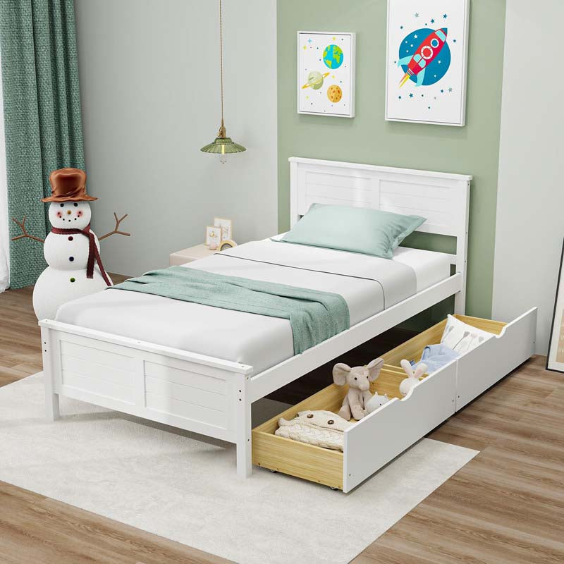 Twin/Full Size Solid Wood Platform Bed Frame with 2 Storage Drawers & Headboard, Wooden Slats Support Mattress Foundation