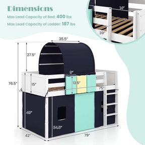 Kids Twin Size Loft Bed Playhouse Bed Frame w/Tower, Tent, 3 Storage Pockets, Solid Wood Ladder, Full-Length Guardrails & Wood Slats