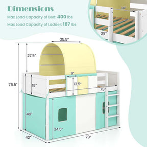 Kids Twin Size Loft Bed Playhouse Bed Frame w/Tower, Tent, 3 Storage Pockets, Solid Wood Ladder, Full-Length Guardrails & Wood Slats