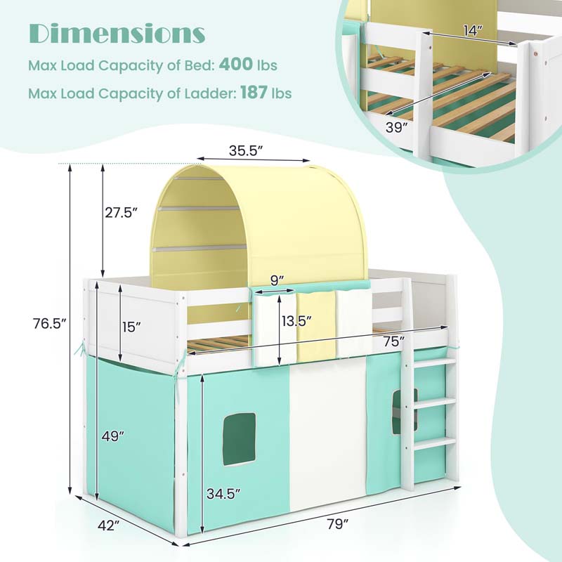 Kids Twin Size Loft Bed Playhouse Bed Frame w/Tower, Tent, 3 Storage Pockets, Solid Wood Ladder, Full-Length Guardrails & Wood Slats