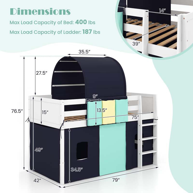 Kids Twin Size Loft Bed Playhouse Bed Frame w/Tower, Tent, 3 Storage Pockets, Solid Wood Ladder, Full-Length Guardrails & Wood Slats