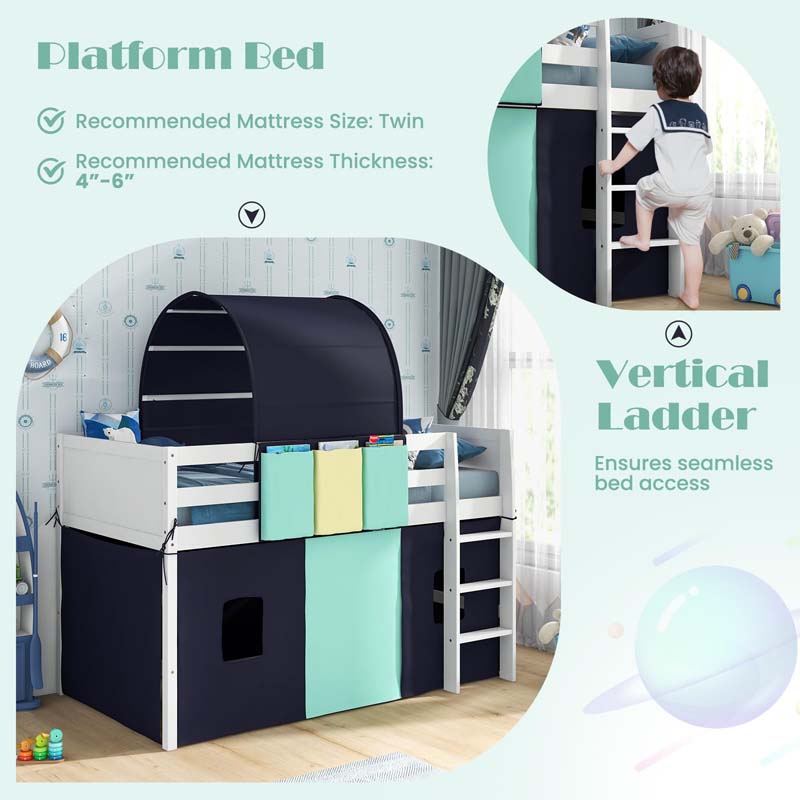 Kids Twin Size Loft Bed Playhouse Bed Frame w/Tower, Tent, 3 Storage Pockets, Solid Wood Ladder, Full-Length Guardrails & Wood Slats