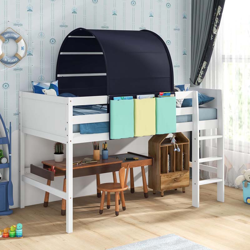 Kids Twin Size Loft Bed Playhouse Bed Frame w/Tower, Tent, 3 Storage Pockets, Solid Wood Ladder, Full-Length Guardrails & Wood Slats