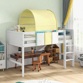 Kids Twin Size Loft Bed Playhouse Bed Frame w/Tower, Tent, 3 Storage Pockets, Solid Wood Ladder, Full-Length Guardrails & Wood Slats