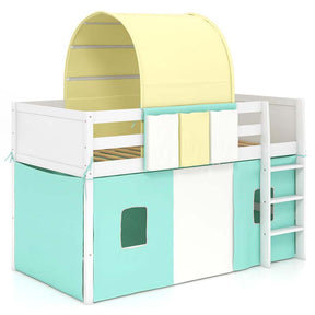 Kids Twin Size Loft Bed Playhouse Bed Frame w/Tower, Tent, 3 Storage Pockets, Solid Wood Ladder, Full-Length Guardrails & Wood Slats