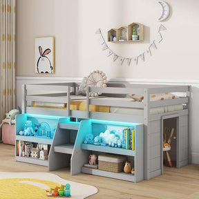 Kids Twin Size Loft Bed with LED Lights, Stairs & Safety Guardrail, Storage Bookcase and Under-bed Play Space