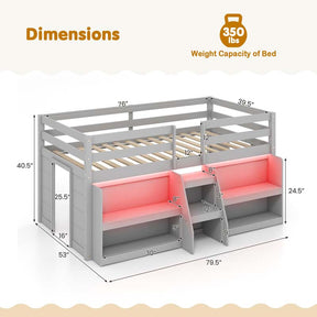 Kids Twin Size Loft Bed with LED Lights, Stairs & Safety Guardrail, Storage Bookcase and Under-bed Play Space