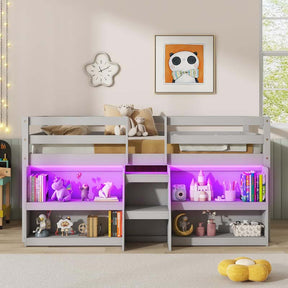 Kids Twin Size Loft Bed with LED Lights, Stairs & Safety Guardrail, Storage Bookcase and Under-bed Play Space