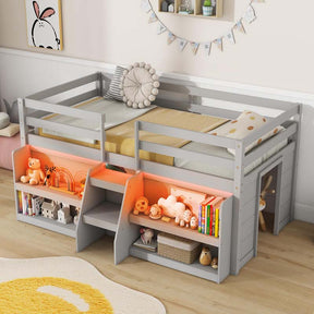 Kids Twin Size Loft Bed with LED Lights, Stairs & Safety Guardrail, Storage Bookcase and Under-bed Play Space