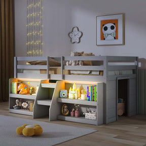 Kids Twin Size Loft Bed with LED Lights, Stairs & Safety Guardrail, Storage Bookcase and Under-bed Play Space