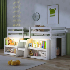 Kids Twin Size Loft Bed with LED Lights, Stairs & Safety Guardrail, Storage Bookcase and Under-bed Play Space