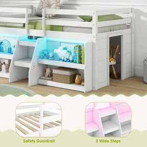 Kids Twin Size Loft Bed with LED Lights, Stairs & Safety Guardrail, Storage Bookcase and Under-bed Play Space