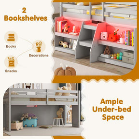 Kids Twin Size Loft Bed with LED Lights, Stairs & Safety Guardrail, Storage Bookcase and Under-bed Play Space