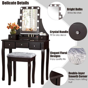 5-Drawer Vanity Table Set with 10 LED Dimmable Bulbs, Bedroom Makeup Dressing Table with Cushioned Stool