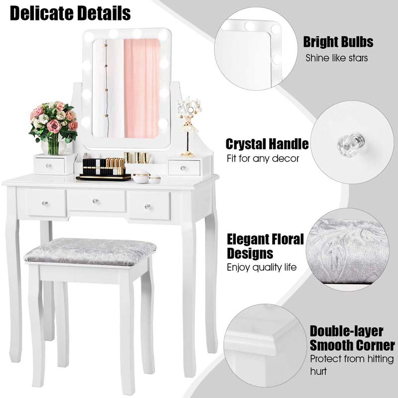 5-Drawer Vanity Table Set with 10 LED Dimmable Bulbs, Bedroom Makeup Dressing Table with Cushioned Stool
