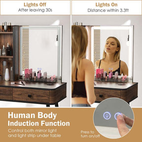 Makeup Table Vanity Set Dressing Desk with Dimmable Lighted Mirror, 3 Lighting Modes, Human Body Induction